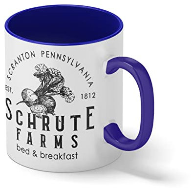 Schrute Farms Jumper Sweatshirt Funny The US Office Dwight Beets Michael Scott Weiße Kaffeetasse Mug mit blauem Felgen und Griff