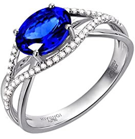 Engagement Ring, Ehering Vintage 18 Karat (750) Weißgold mit 1,43ct Blau Ovalschliff Tansanit Größe 45 (14,3)