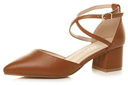 AJVANI Womens Ladies mid Block Heel Pointed Toe Cross Strap Two Part Mary Jane Court Shoes Sandals Size