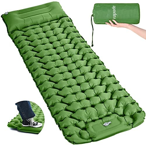 ROPODA Isomatte Camping Selbstaufblasend, Ultraleicht Isomatte Aufblasbar mit Kissen, Campingmatte mit Fußpresse Pumpe, Wasserdicht Schlafmatte für Outdoor, Camping, Wandern (Grün)