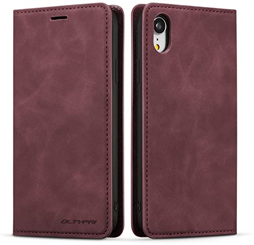 QLTYPRI iPhone X iPhone Xs Hülle, Premium PU-Lederhülle TPU Bumper mit Kartenhalter, Ständer, Adsorption, Flip Wallet Case für iPhone X iPhone Xs (5.8 Zoll) – Weinrot