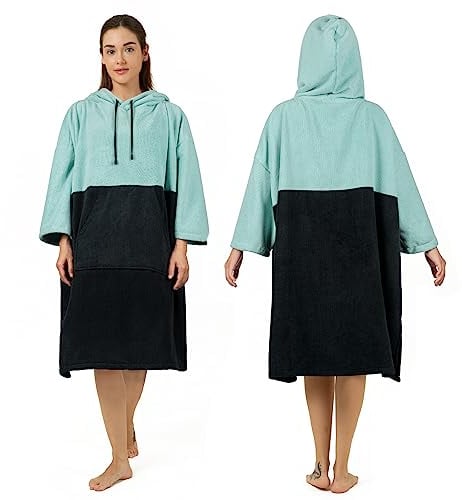 Zingtto Surf-Poncho, Wickelrobe, 3/4-Ärmel, Extra Großer, Dicker Kapuzen-Handtuch-Poncho für Männer und Frauen, Strandschwimmen, 39''x33'', Schwarzgrün