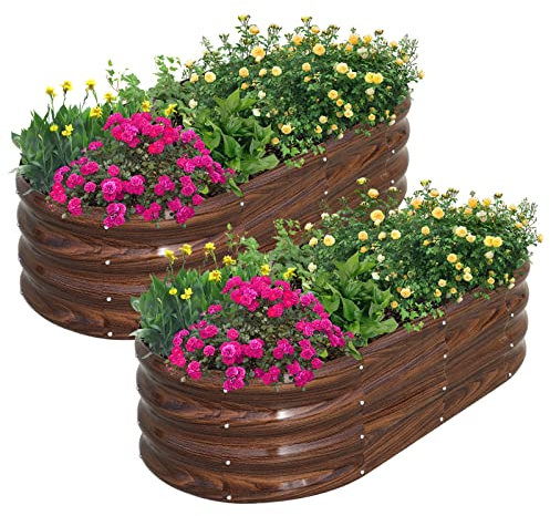 SnugNiture Galvanized Raised Garden Bed Outdoor, 2 Pcs 4x2x1ft Oval Metal Planter Box for Planting Plants Vegetables, Brown