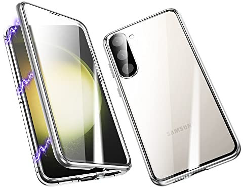 ksscaly Hülle für Samsung Galaxy S23, 360 Grad Schutz Case mit Safty Lock Magnetische Adsorption Metallrahmen Cover Vorder und Rückseite Gehärtetes Glas Handyhülle für Samsung S23 (Silber)