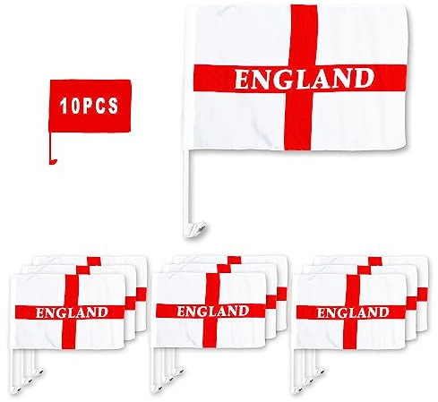 10 x Strength & Honour England Car Window Flag 40x26cm with Plastic Mast and Clamp - For FIFA Football World Cup Championships Sport Events St George's Day
