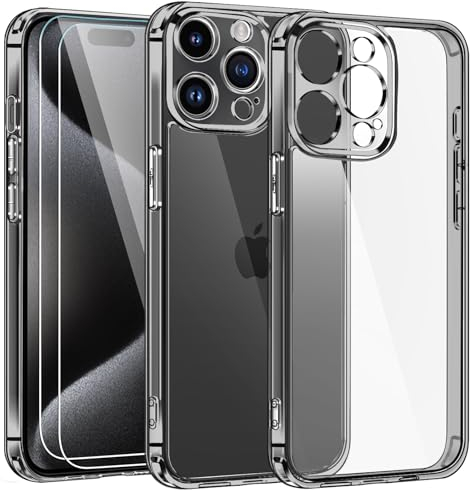 ivoler Clear Case Compatible with iPhone 15 Pro Max 6.7 [Long Lasting Clarity] [Military Grade Drop Protection], 1 Phone Case + 2 Tempered Glass Screen Protector, Shockproof Slim Cover - Black