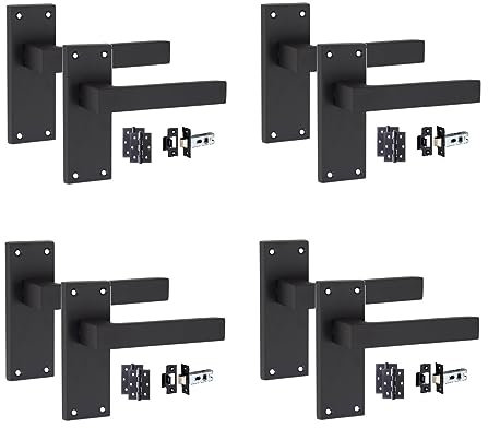 Golden Grace Victorian Straight Delta Door Handles Latch in Matt Black with 1 Pair of 3 Ball Bearing Hinges & Latches Pack, 4 Sets - 120mm x 40mm Backplate
