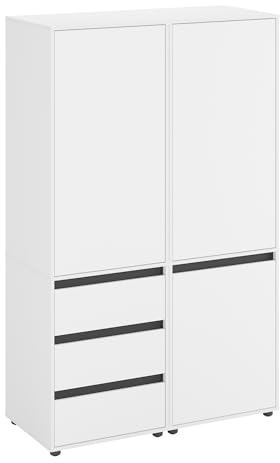 KOMTO Kleiderschrank Groß in Weiß - Schrank Schlafzimmer Kinderzimmer Mehrzweckschrank mit 3-türig & 3 Schubladen Garderobenschrank Flur | Drehtürenschrank Cube 120 x 192 x 53 cm