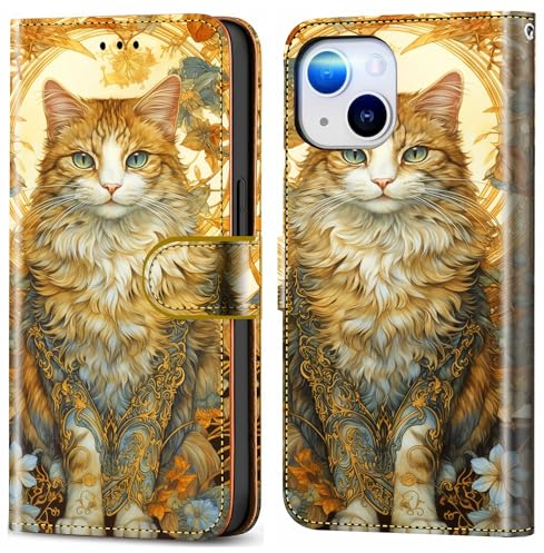 Lederhülle Klapphülle für iPhone 13 6.1 Muster Tierdruck Marmor Handyhülle Tasche Etui mit Kartenfach Brieftasche Cover Case Mädchen Jungen - Königin Katze