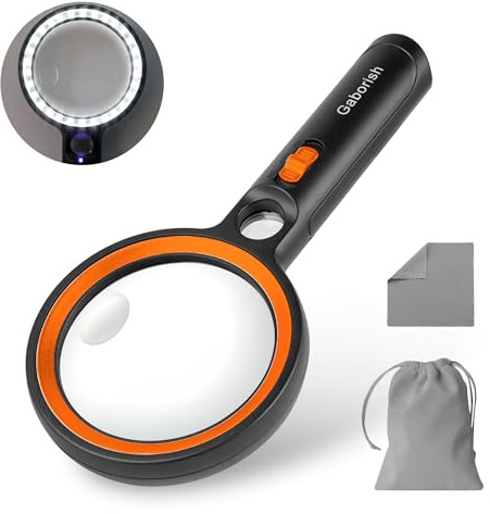 GABORISH Lupe mit Licht, 10X 20X 45X Handlupe mit Licht und 1 UV, Orange | Magnifying Glass mit 30 LED, Vergrößerungsglas zum Lesen, Inspektion, Münzen, Schmuck, Erkundung, Leselupe für Senioren Groß