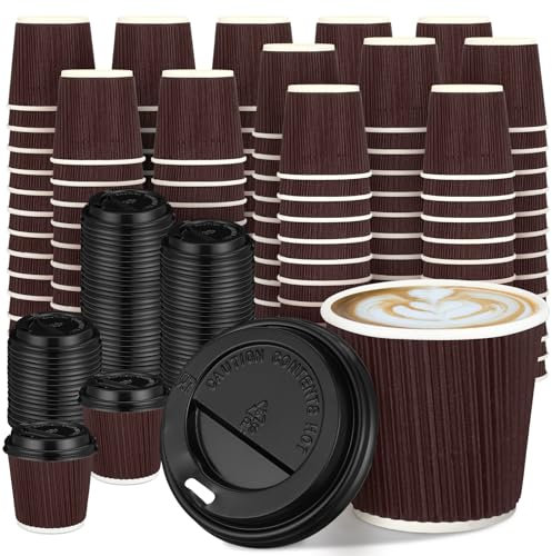 Uiifan 100 Set 4oz Disposable Espresso Cups with Lids Ripple Corrugated Paper Disposable Coffee Insulated Hot Ripple Cups for hot Chocolate, Tea, and Cocoa Drinks (Coffee Color)