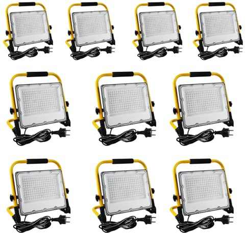 OUSIDE 10 Stück 150W LED Baustrahler mit Stativ und 4m Kabel,IP66 Wasserdichter Arbeitsscheinwerfer mit Schuko-Stecker für Werkstatt,Wartung oder Baustelle, 6500K Kaltes Weißes Licht,15000 Lumen