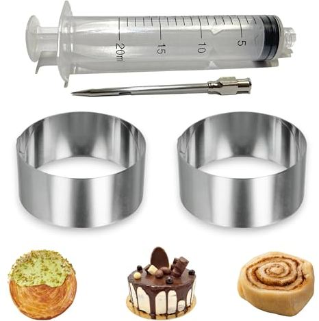 2 Stainless Steel Kitchen Rings 10 cm x 4 cm + Cooking Syringe 20 ml to Fill with Needle – Baking Ring – Cake Pan, New York Roll and Many More Recipes