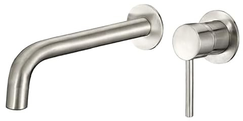 VALAZ Grifo Lavabo Acero Cepillado Protección PVD Empotrado Serie Deva | Grifo Lavabo Monomando, Mezclador Agua Fría y Caliente, Ahorro de Agua | Instalación Fácil | Latón, Inoxidable, Caño 21 cm