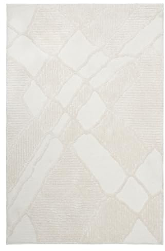 Tesso Living Weicher Hochflor Teppich im Vintage-Look – 160 x 220 cm – Weiß Shaggy-Design mit Berbermuster – Boho & Scandi Stil – ideal für Wohnzimmer & Schlafzimmer