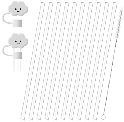 Aieve 10 Stk. Trinkhalme Set kompatibel mit Stanley Quencher H2.0 1,2L FlowState Trinkflasche Strohhalm Ersatz mit 6 Abdeckung/Reinigungsbürste Zubehör 31cm für Reisebecher Cup 40 oz (Weiß)