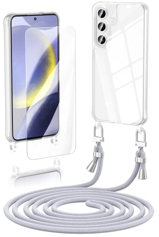 Anshow Verbesserte Handykette für Samsung Galaxy A55 Hülle mit Band + 1 Schutzfolie, Necklace Stoßfest Handyhülle Samsung Galaxy A55 Case Transparent Schutzhülle zum Umhängeband Abnehmbar, Silber