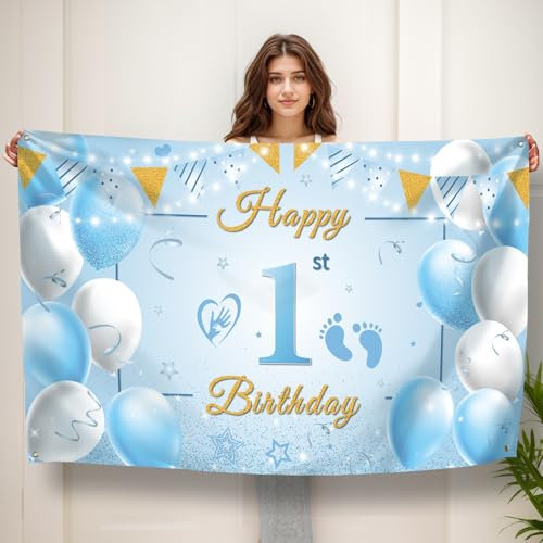 Koliphy 1. Geburtstag Banner, 1 Geburtstagsbanner Deko für Jungen, Handgehalten Stoff 1. Geburtstagsdeko Party Dekoration für Drinnen und Draußen(Blau)