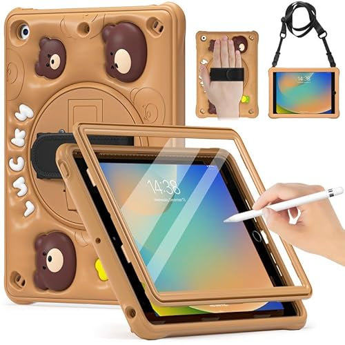 Custodia per iPad 9a, 8a 7a generazione, adatta ai bambini, design con cartoni animati, con pellicola proteggi schermo, supporto girevole a 360°, custodia antiurto per iPad 10.2 (2019/2020/2021),
