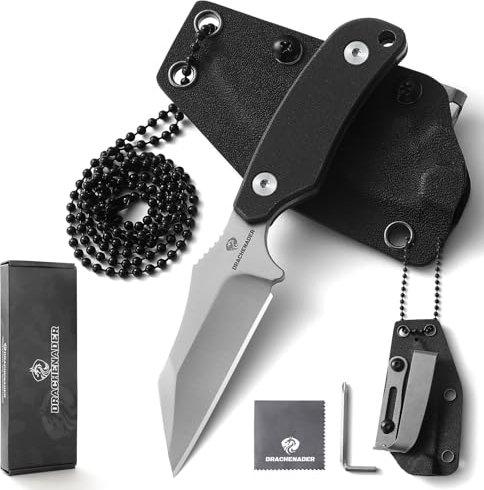 DRACHENADER X-WH Neck Knife, Wharncliffe D2 Stahl, 7,6 Cm Klinge, Full Tang, Kleines Messer Mit Kydex-Scheide, Kugelkette Und Gürtelclip, Silberne Klinge- Schwarzer G10 Griff