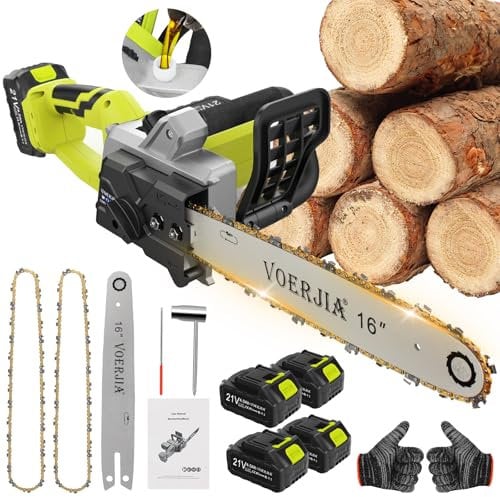 VOERJIA 16 Inch Brushless Cordless Chainsaw, Battery Chainsaw with 4 * 4000mAh Battery, 2200W Powerful Electric Chainsaws with Automatic Chain Lubricationr for Chopping logs and Cutting Trees