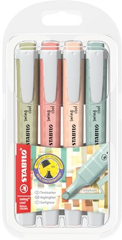 STABILO swing cool NatureCOLORS - Highlighter - Pack of 4 - Mud Green, Sienna, Beige, Warm Grey