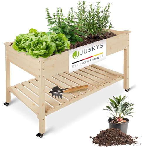 Juskys Orto Rialzato Freya con Ruote - 123 x 83 x 60 cm - Cassone in Legno con Tessuto Non Tessuto & Ripiano - Per Balcone, Erbe, Insalate, Ortaggi, Terrazza, Giardino