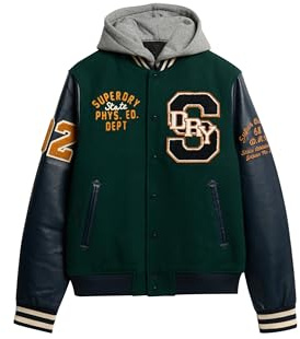 Superdry, HOODED COLLEGE PATCHED BOMBER JACKET, M5012088A, Dark Pine Green, S, MAN