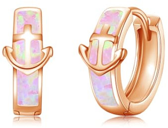 Opal Anker Ohrringe Damen 925 Sterling Silber Creolen Opal Anker Kleine Huggie Creolen Ohrringe Anker Schmuck Geschenke für Damen Frauen Mädchen (Roségold + Rosa Opal)