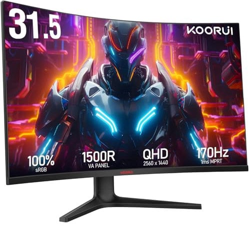 KOORUI 32 Inch Curved Gaming Monitor 170Hz WQHD 1440P VA 1500R Ultrawide, HDR10 VESA Mount & Eye Care Ultra-Thin HDMI/DP Display
