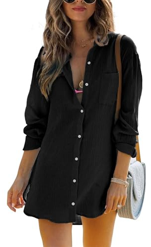 Cicy Bell dam långärmad blus sommar muslin toppar bomull casual button down skjorta klänning toppar lös tunika strandklänning bikini cover up