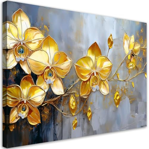 Feeby Bild auf Leinwand - Wandbilder Wohnzimmer Aesthetic - Goldene Orchideen Glamour Blumen - 30x20 cm 1tlg - Schlafzimmer Wandekoration - Bilder Zimmer - Living Room - Deko Wandbilder - Moderne Bild