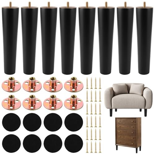GBACHOOSE 8 Stück Möbelbeine Holz 20cm, Sofa Füße, Schwarz Mit M8 Bolzen, Montageplatte, Gummimatte für Couchtisch, Schrank