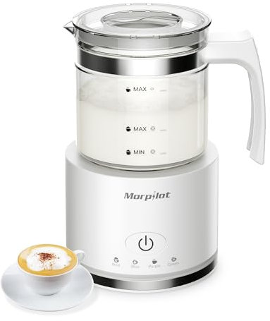 Morpilot Milchaufschäumer Elektrisch, 130-500ml 600W, 4 in 1 Milchschäumer für Heißer und Kalter, Spülmaschinenfest, Visuelles Glas, Latte-Design, Weiß