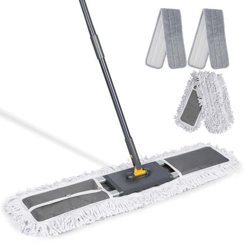 MASTERTOP 90cm Serpillère Professionnelle en Aluminium, Balai Commercial avec Manche Télescopique, Vadrouille Industriel Rotative 360° pour Bureau, Entrepôt, Garage, avec 3 Tampons (Gris)