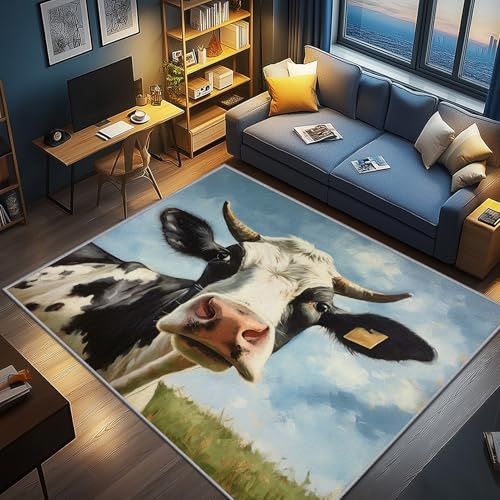 AevuCub Kuh Deko, Milchkuh Teppich 240x340 Kurzflor, Großer Teppich Wohnzimmer Lustige Tiere Bauernhoftiere, Weich rutschfest Waschbare Teppiche, Bettvorleger Schlafzimmer Kinderzimmer