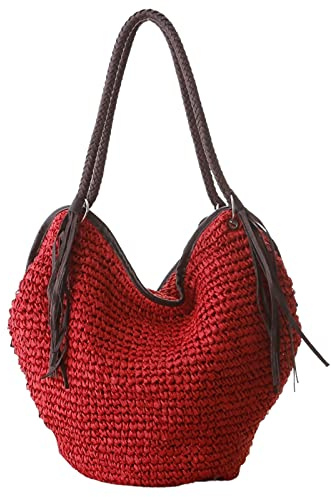 Ymnilian Bolso Rafia Mujer, Bolsos de Rafia Bolsas de Playa de Gran Paja Mujeres Bolsos de Verano Femenino Femenino Casual Mujeres Bolsas de Mujer Bolsa de Hombro Cerradura de Tassel(Red)