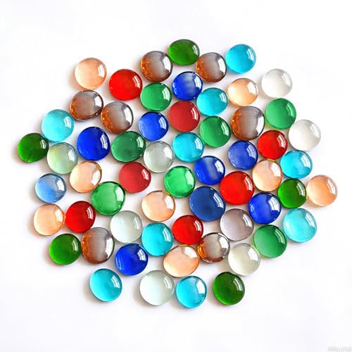 Glass Pebbles 900g (about 205pcs) Round Decorative Stones Coloured Vase Bead Seven Colors Flat Stones about 17-20mm of Diameter Glass Gems for Vases Aquarium