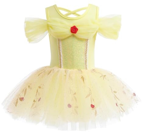 Lito Angels Robe Tutu Danse Deguisement Princesse Belle Ballerine Justaucorps Jaune avec Jupe de Ballet Filles Petite Taille 3-4 Ans 104 Anniversaire Fete