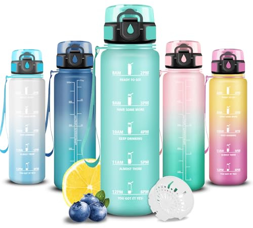 Grsta Gourde, Gourde 500ml, Bouteille Enfant, Avec Filtre, Facile à Nettoyer, Bouteille Motivation avec Marqueur de Temps, Facile à Transporter, pour Bureau, École, Camping, Voyage, Sport, Running