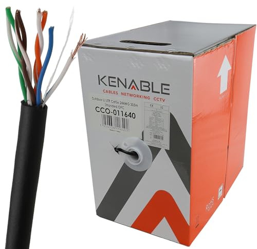 kenable External CAT5e Outdoor Ethernet Cable Reel 305m Black - Stranded Copper UTP Waterproof UV Resistant for CCTV POE Networking Burial 24AWG 305 Metre