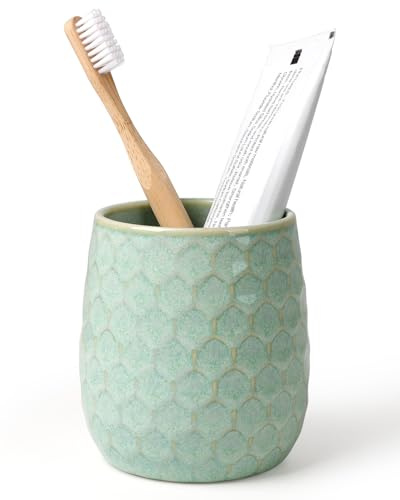 ANTIS'S HOME Ceramic Toothbrush Holder Cup, 400ml Green Honeycomb Bathroom Tumbler – Reusable Toothbrush Cup for Toothpaste, Makeup Brushes & Bathroom Countertop Organisation, 3.62 × 3.93