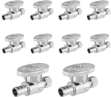 Niikappu 10 Stück gerade Absperrventile, 1/4 Umdrehung Pex B gerades Drehventil, 1/2 Zoll Pex x 3/8 Zoll OD Kompressionsabsperrventil, verchromtes bleifreies Messing für WC, Bidet, Küchenspüle
