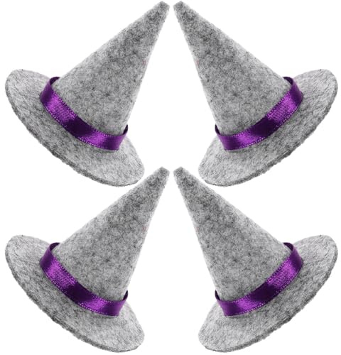 VICASKY 4 Kleiner Miniatur Hexenhüte zum Basteln Kleine Halloween Dekorationen aus Filz Graue Puppenhüte für Weinflaschen und Partyaccessoires