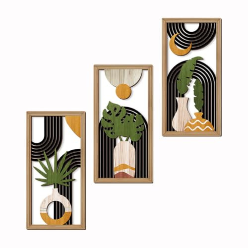 KiKiHong 3 Stück Boho Wanddeko Holz,Holz Wanddekoration | Botanischem Muster Geometrische Formen für Wohnzimmer,Schlafzimmer,Büro,Heimdekoration,40 x 20 cm