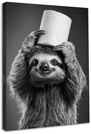 Dazzlewall Schwarz Weiß Tier Poster, Faultier mit Toilettenpapier auf dem Kopf Leinwandkunst für Badezimmer Toilette Deko 30x40cm Ohne Rahmen