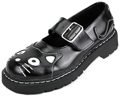T.U.K. Kitty Cat Mary Jane Shoes for Women, Round Toe Ankle Strap Oxford Shoes, US 9 Women, Black