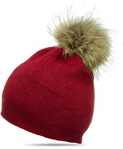 Caspar MU147 Damen Feinstrick Mütze Bommelmütze mit XL Fellbommel, Farbe:weinrot, Größe:One Size
