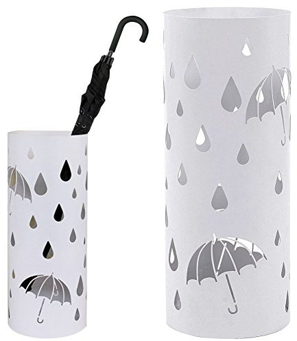BAKAJI Portaombrelli Stand in Ferro Design Porta Ombrelli Rotondo Bianco con Decorazione Intarsio Ombrelli e Gocce Vaschetta Salvagoccia e Ganci per Ombrelli Pieghevoli