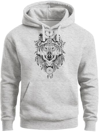 Neverless® Hoodie Herren Aufdruck Wolf-Motiv Print Boho Bohemian Ethno Style Kapuzen-Pullover Männer